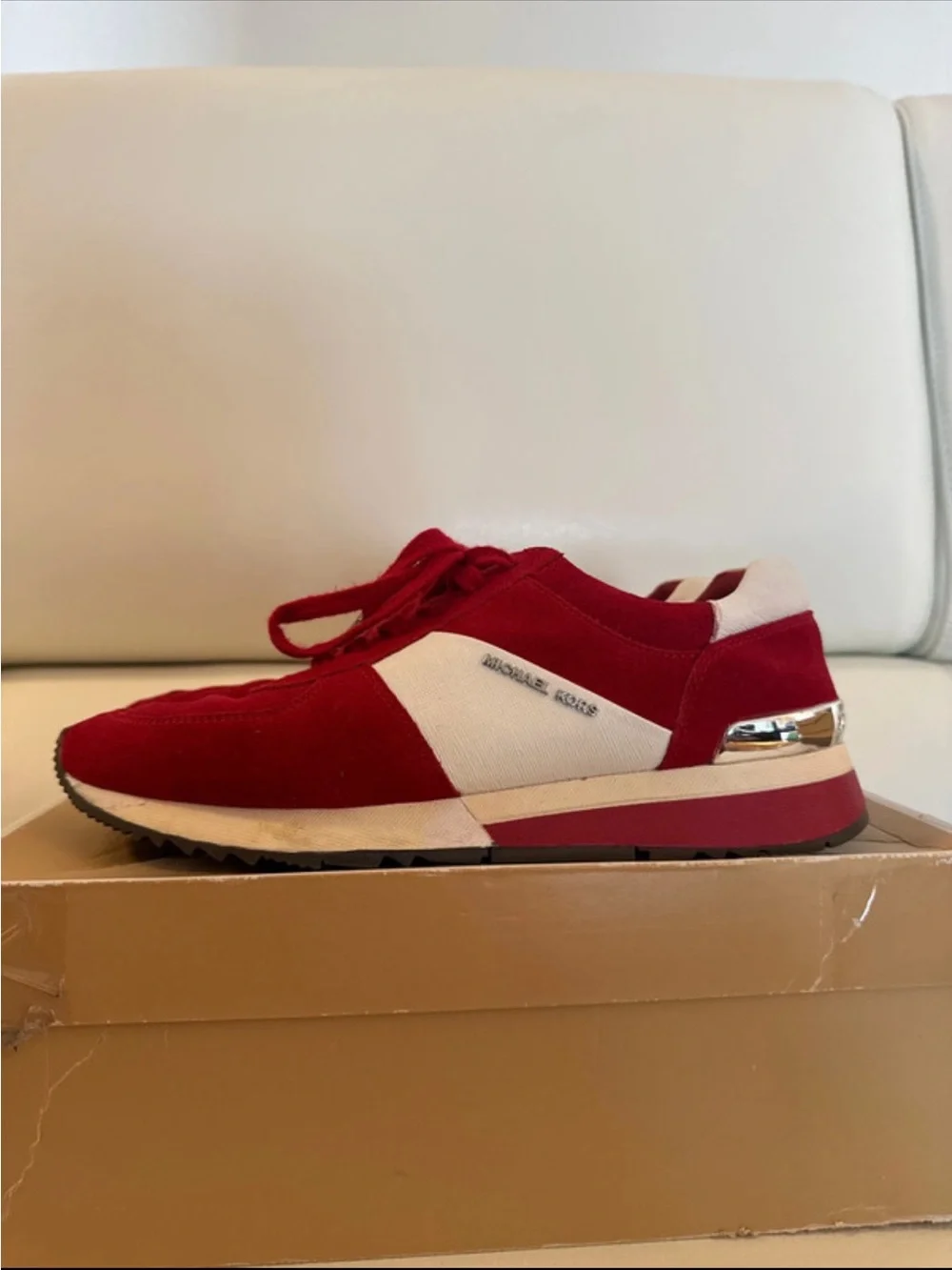 MICHAEL KORS RED & WHITE SUEDE LACE-UP SNEAKER